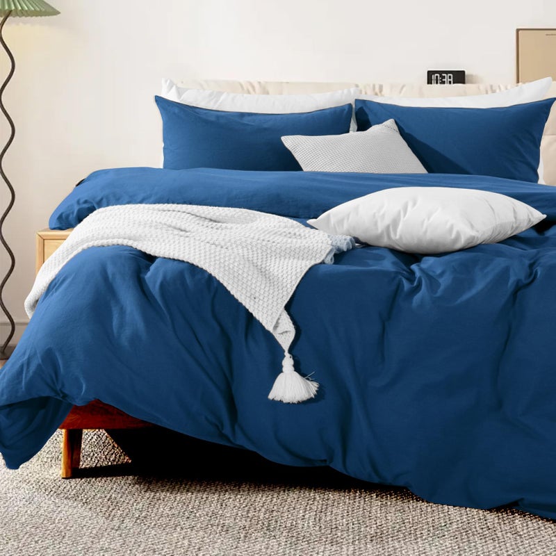 NEXHOME PRO Duvet Cover Set 100% Washed Cotton Oversized King 120""x98"" Linen Feel Textured Organic 3 Pieces Bedding Set with Zipper Closure and Corner Ties  Breathable (Navy Blue  No Comforter) - Image 4